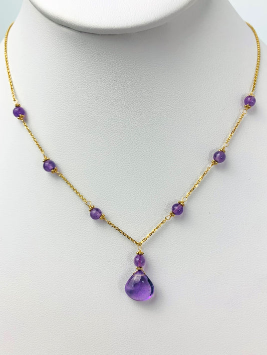 16"-17" Amethyst Station Necklace With Center Drop in 14KY - NCK-453-DRPGM14Y-AMY-17