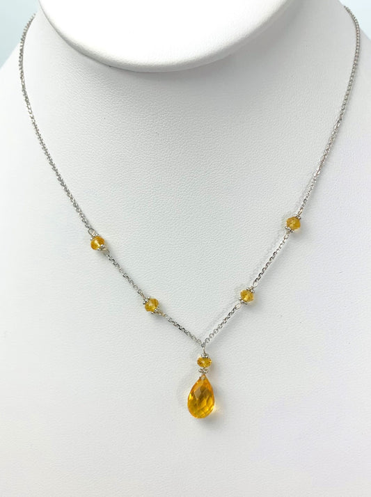 15"-16" Citrine Station Necklace With Center Drop in 14KW - NCK-457-DRPGM14W-CIT-16