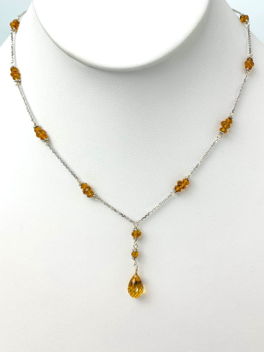 15"-16" Citrine Station Necklace With Center Drop in 14KW - NCK-462-DRPGM14W-CIT-16