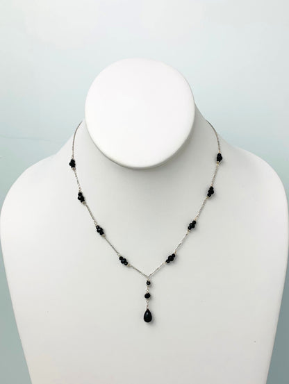 16"-17" Onyx Station Necklace With Center Drop in 14KW - NCK-463-DRPGM14W-OX-17
