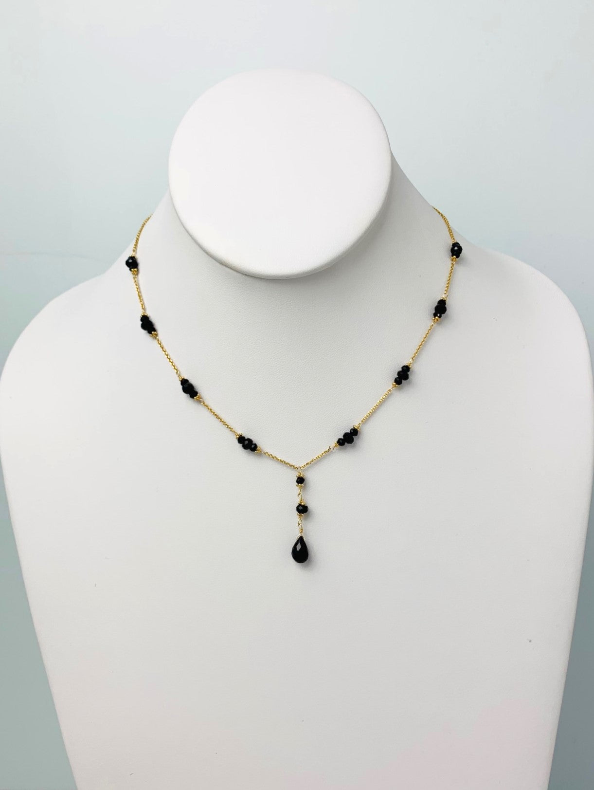 16"-17" Onyx Station Necklace With Center Drop in 14KY - NCK-463-DRPGM14Y-OX-17