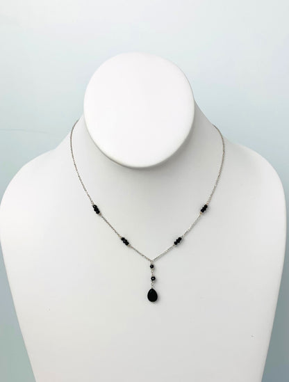 16"-17" Onyx Station Necklace With Center Drop in 14KW - NCK-464-DRPGM14W-OX-17