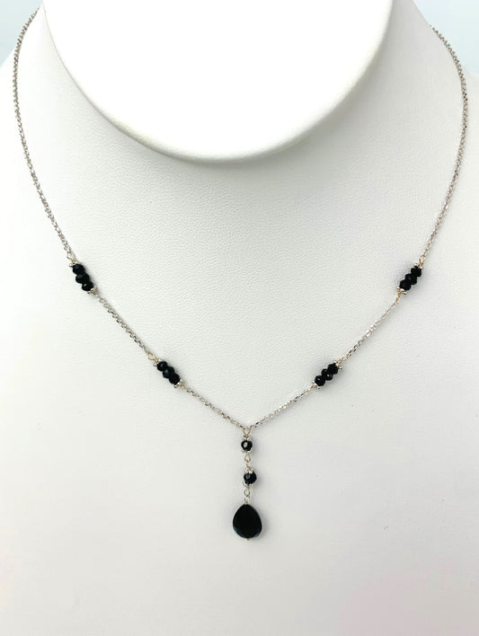 16"-17" Onyx Station Necklace With Center Drop in 14KW - NCK-464-DRPGM14W-OX-17