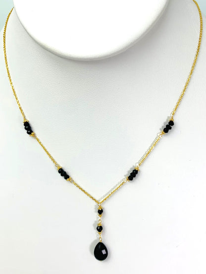 16"-17" Onyx Station Necklace With Center Drop in 14KY - NCK-464-DRPGM14Y-OX-17