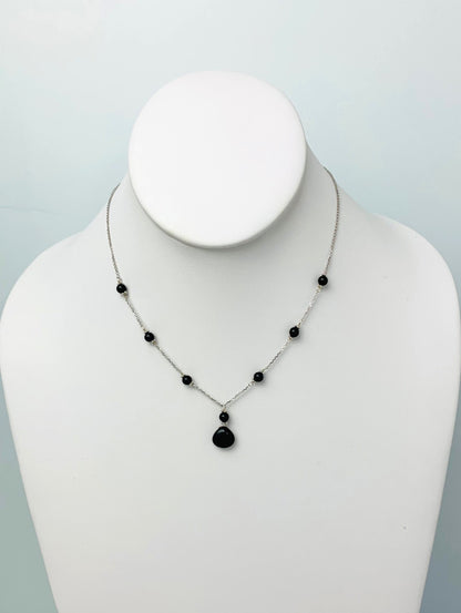 16"-17" Onyx Station Necklace With Center Drop in 14KW - NCK-465-DRPGM14W-OX-17