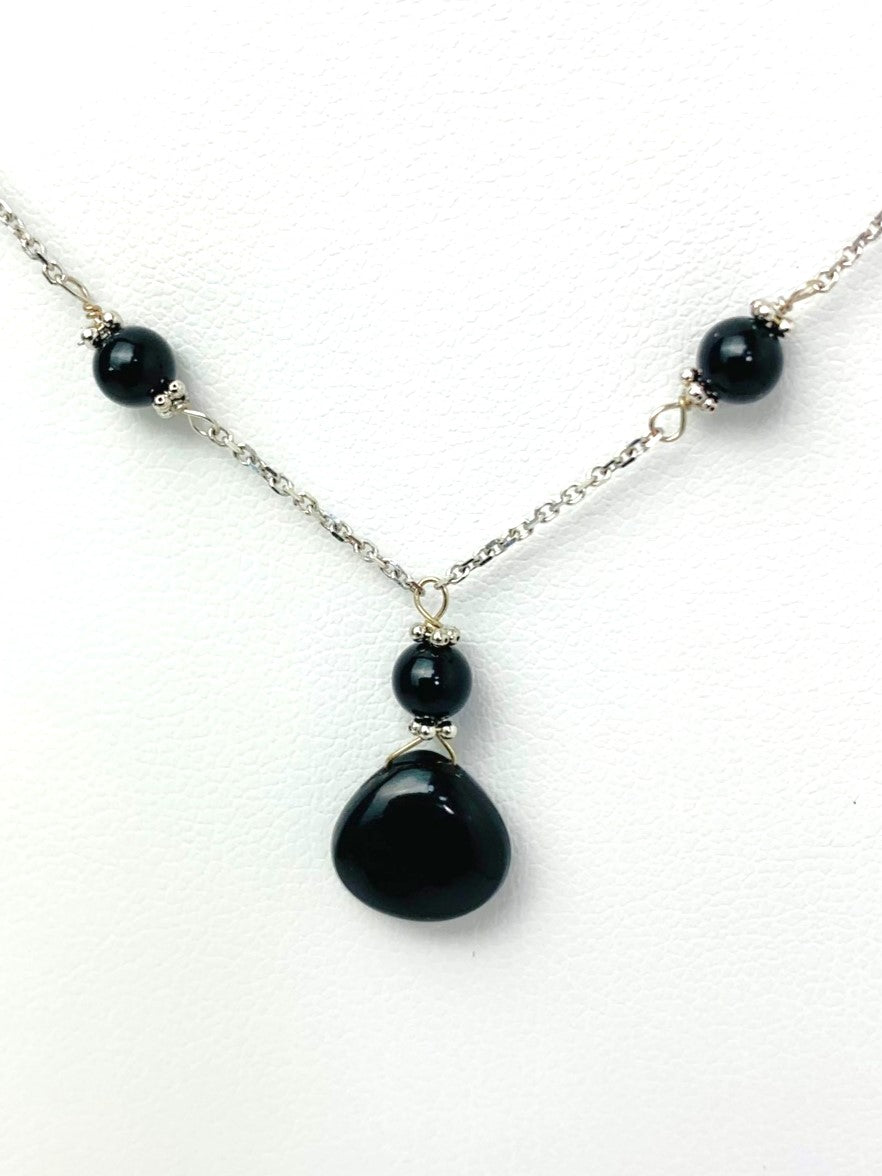 16"-17" Onyx Station Necklace With Center Drop in 14KW - NCK-465-DRPGM14W-OX-17