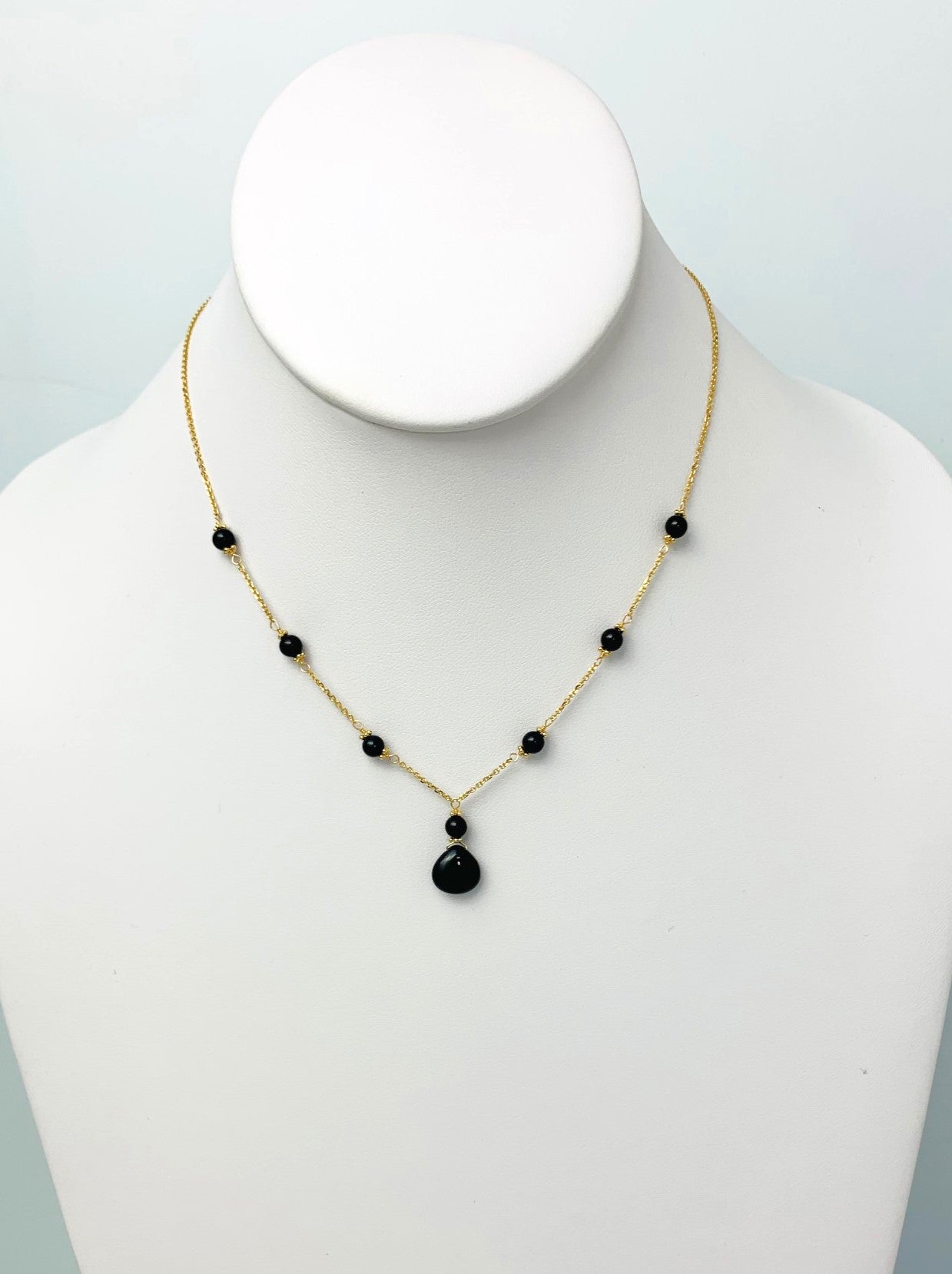 16"-17" Onyx Station Necklace With Center Drop in 14KY - NCK-465-DRPGM14Y-OX-17