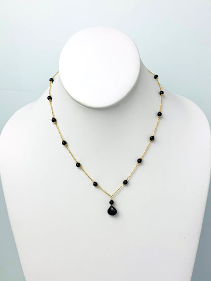 16" Onyx Station Necklace With Center Drop in 14KY - NCK-466-DRPGM14Y-OX-16