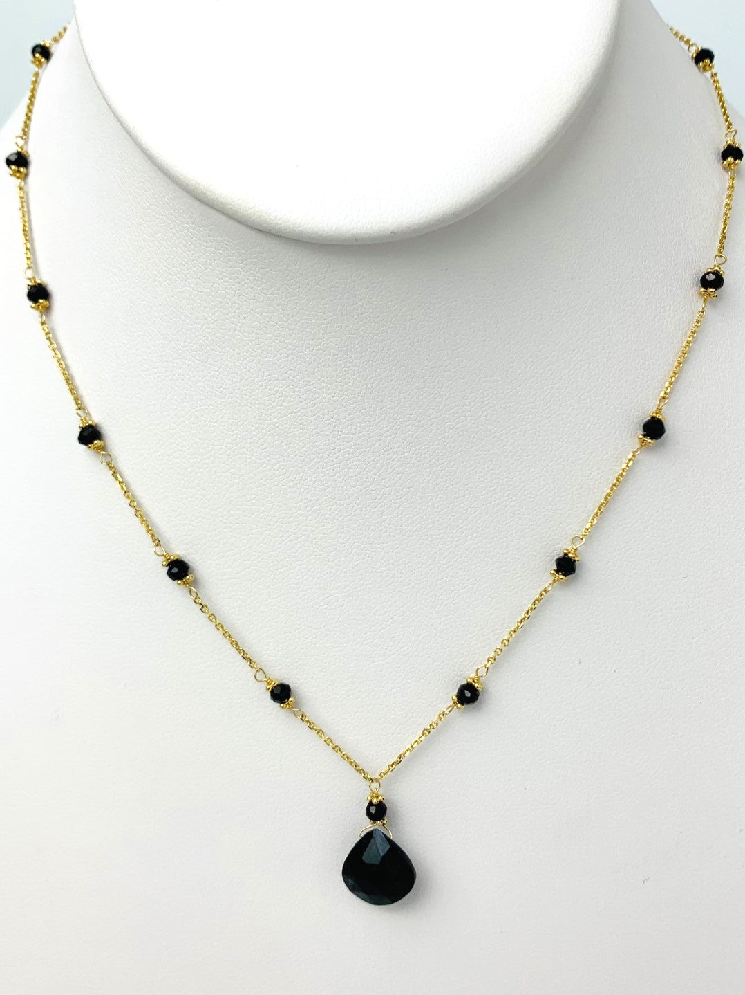 16"-17" Onyx Station Necklace With Center Drop in 14KY - NCK-469-DRPGM14Y-OX-17