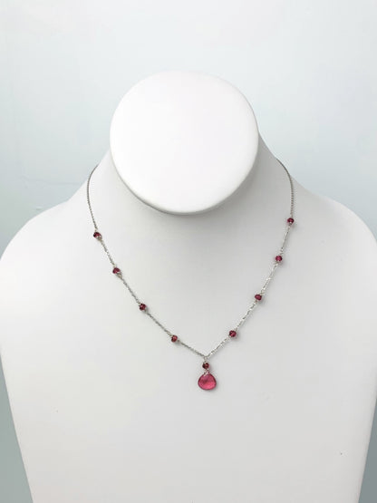15"-16" Pink Tourmaline Station Necklace With Center Drop in 14KW - NCK-470-DRPGM14W-PT-16-01399