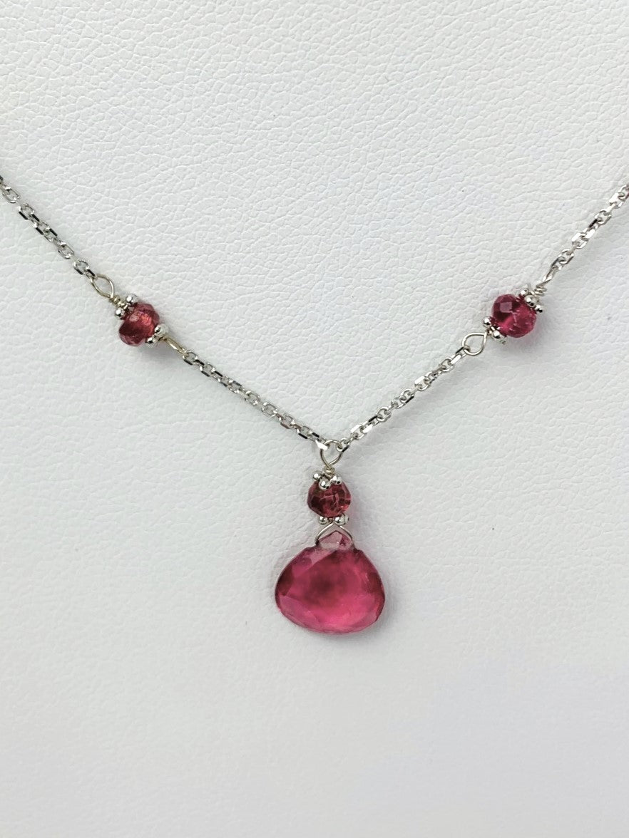 15"-16" Pink Tourmaline Station Necklace With Center Drop in 14KW - NCK-470-DRPGM14W-PT-16-01399