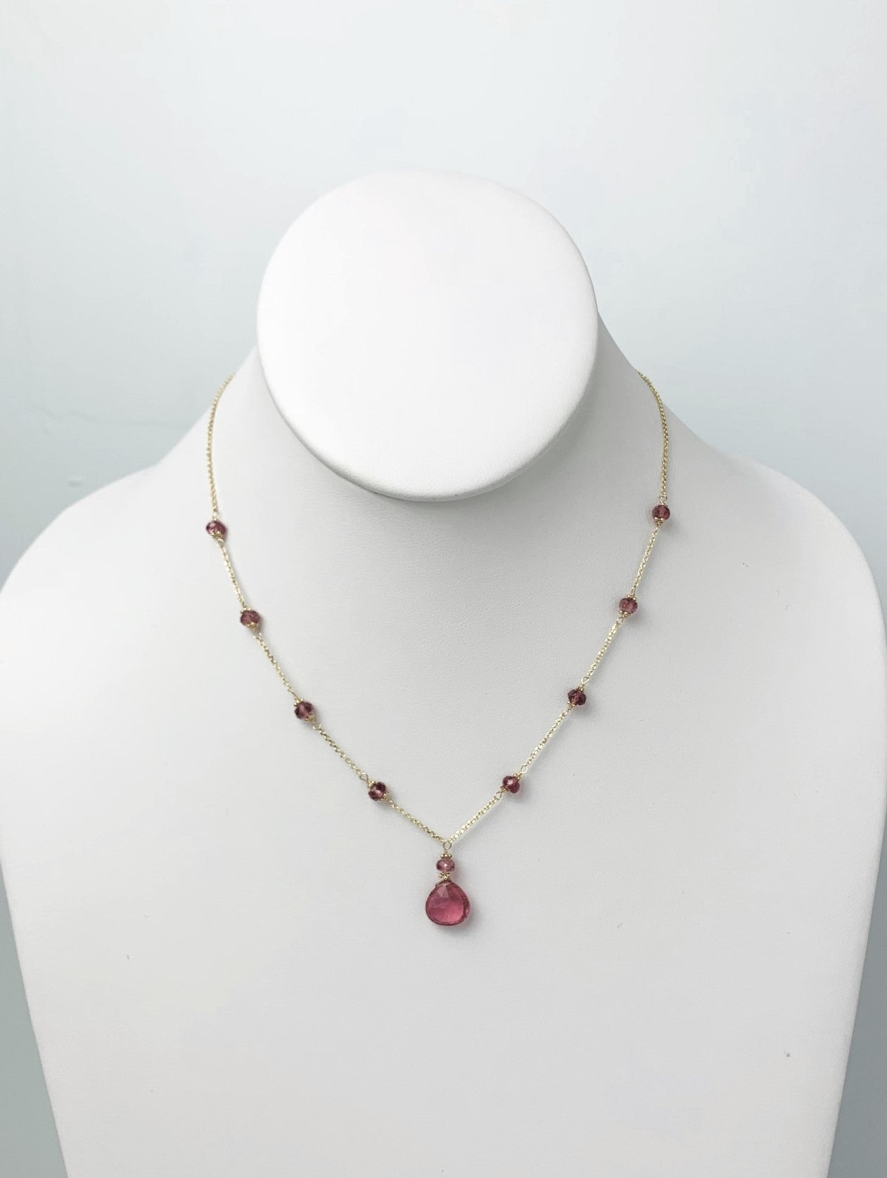 16"-17" Pink Tourmaline Station Necklace With Center Drop in 14KY - NCK-470-DRPGM14Y-PT-17