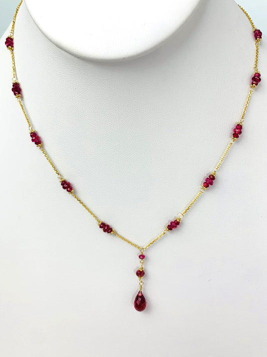 16"-17" Pink Tourmaline Station Necklace With Center Drop in 14KY - NCK-471-DRPGM14Y-PT-17