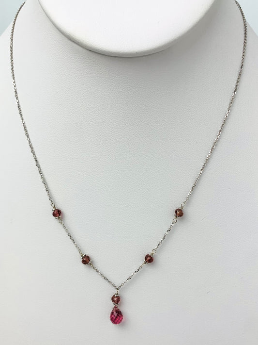 16"-17" Pink Tourmaline Station Necklace With Center Drop in 14KW - NCK-473-DRPGM14W-PT-17