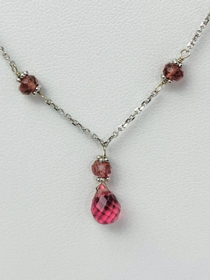 16"-17" Pink Tourmaline Station Necklace With Center Drop in 14KW - NCK-473-DRPGM14W-PT-17