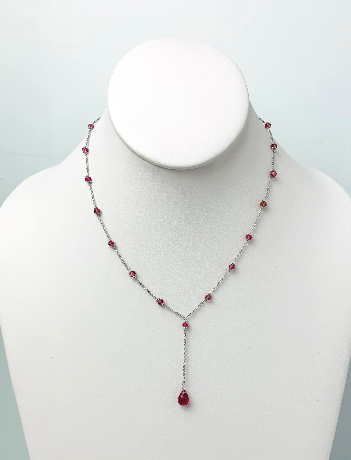 16"-17" Pink Tourmaline Station Necklace With Center Drop in 14KW - NCK-474-DRPGM14W-PT-17