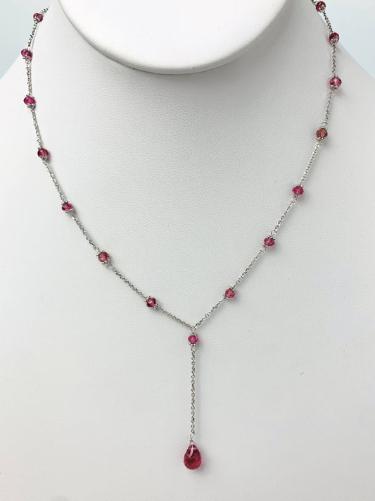 16"-17" Pink Tourmaline Station Necklace With Center Drop in 14KW - NCK-474-DRPGM14W-PT-17