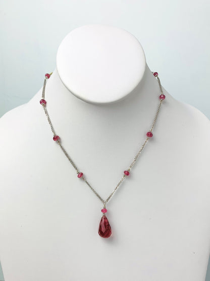 16"-17" Pink Tourmaline Double Chain Station Necklace With Center Drop in 14KW - NCK-475-DRPGM14W-PT-17 -LG