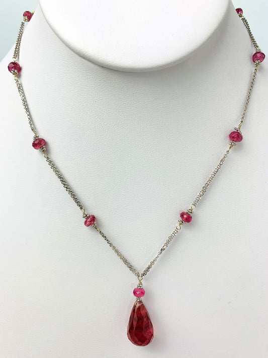 16"-17" Pink Tourmaline Double Chain Station Necklace With Center Drop in 14KW - NCK-475-DRPGM14W-PT-17 -LG