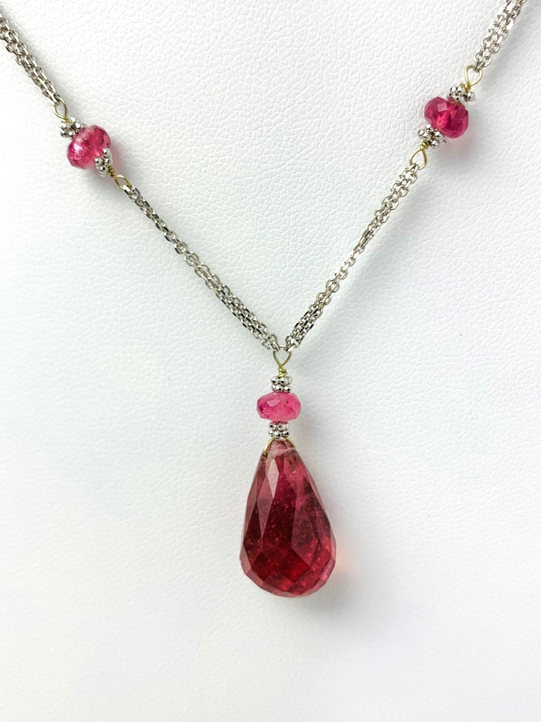 16"-17" Pink Tourmaline Double Chain Station Necklace With Center Drop in 14KW - NCK-475-DRPGM14W-PT-17 -LG