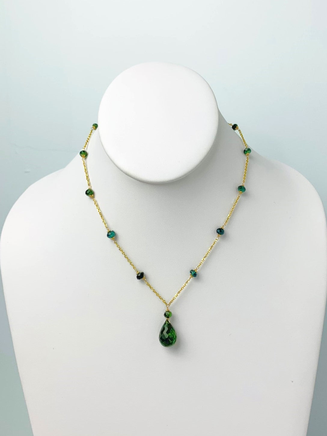16"-17" Green Tourmaline Station Necklace With Center Drop in 14KY - NCK-475-DRPGM14Y-GT-17 -LG
