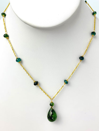 16"-17" Green Tourmaline Station Necklace With Center Drop in 14KY - NCK-475-DRPGM14Y-GT-17 -LG