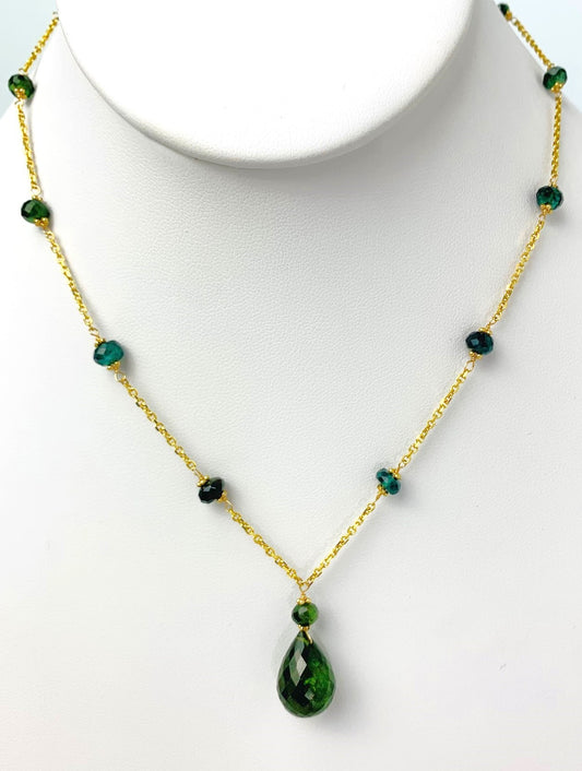 16"-17" Green Tourmaline Station Necklace With Center Drop in 14KY - NCK-475-DRPGM14Y-GT-17 -LG
