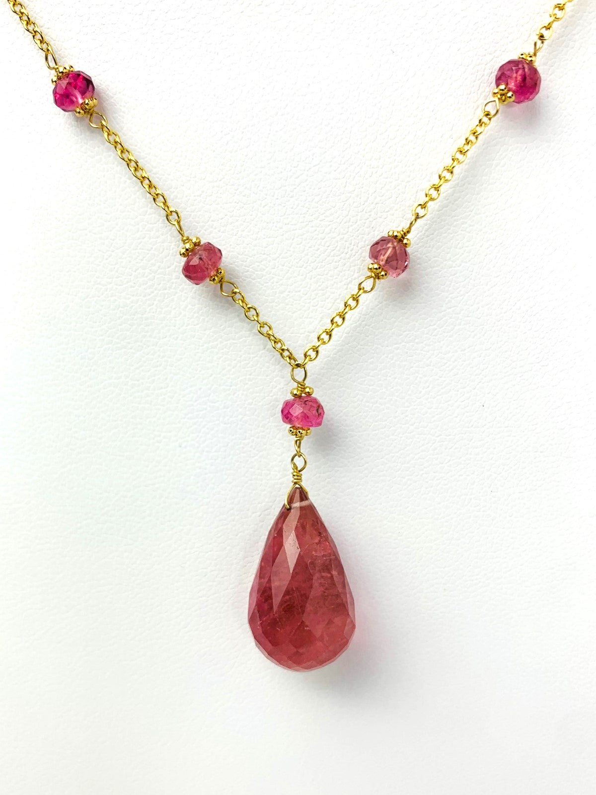 16"-18" Pink Tourmaline Station Necklace With Center Drop in 14KY - NCK-475-DRPGM14Y-PT