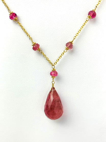 16"-18" Pink Tourmaline Station Necklace With Center Drop in 14KY - NCK-475-DRPGM14Y-PT
