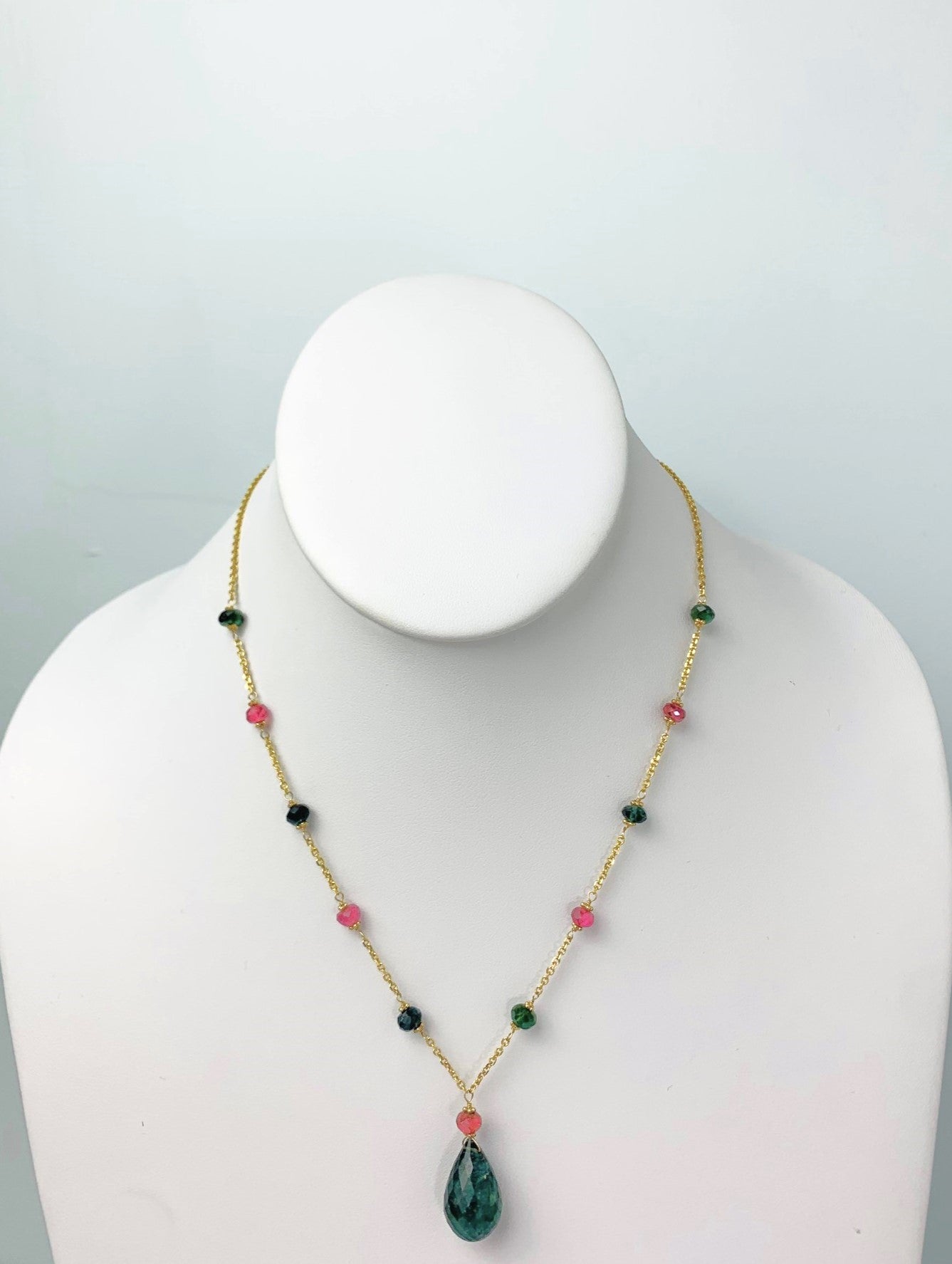17"-18" Pink And Green Tourmaline Station Necklace With Center Drop in 14KY - NCK-475-DRPGM14Y-PTGT-18 -LG