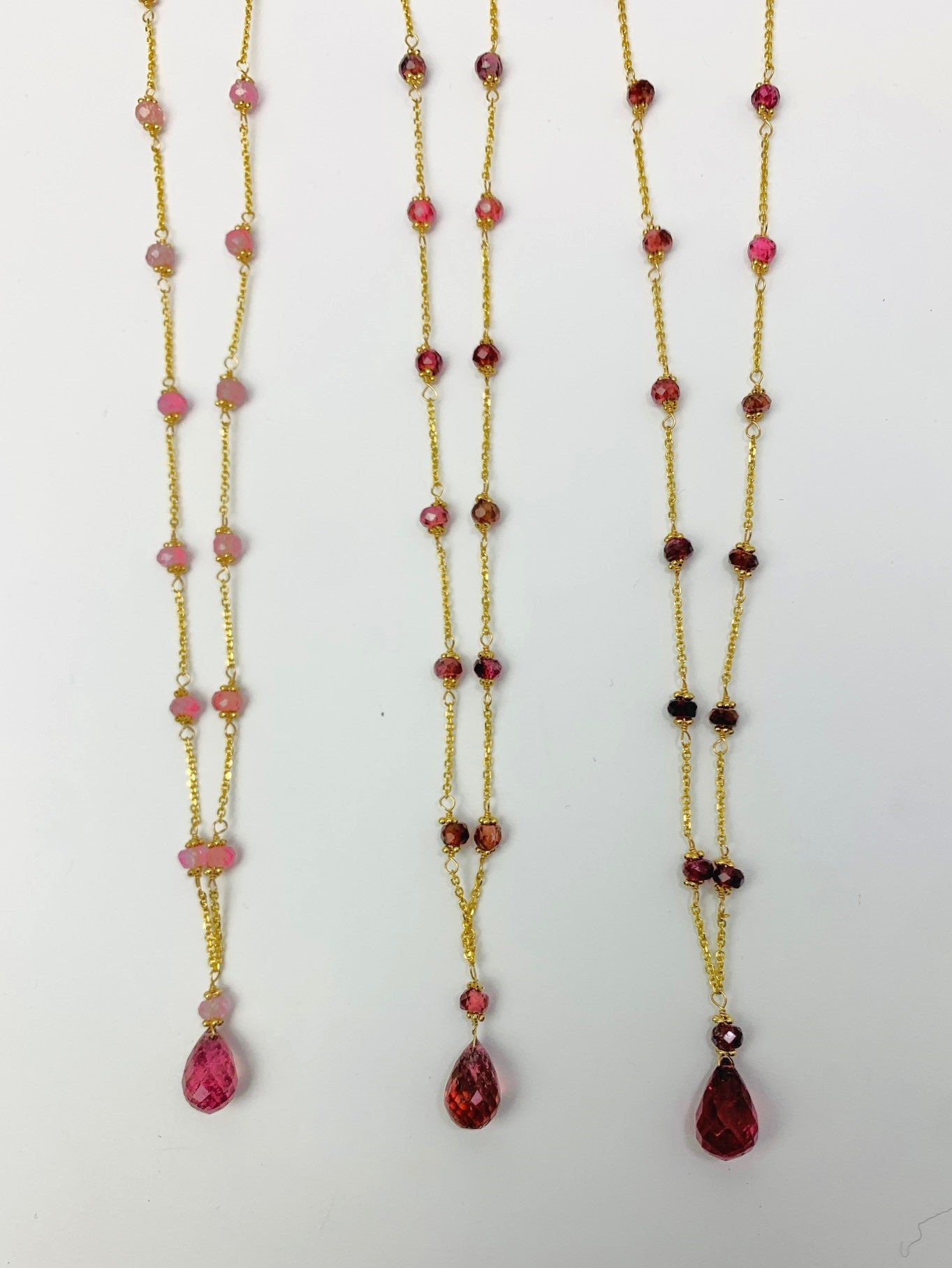 16"-17" Pink Tourmaline Station Necklace With Center Drop in 14KY - NCK-475-DRPGM14Y-PT-17 -MD