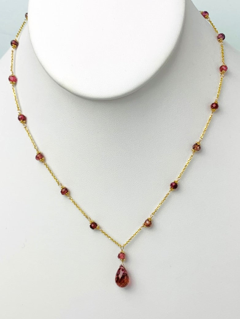 16"-17" Pink Tourmaline Station Necklace With Center Drop in 14KY - NCK-475-DRPGM14Y-PT-17 -MD