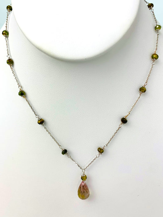 16"-17" Pink And Green Tourmaline Station Necklace With Center Drop in 14KW - NCK-475-DRPGM14Y-PTGT-17 -MD