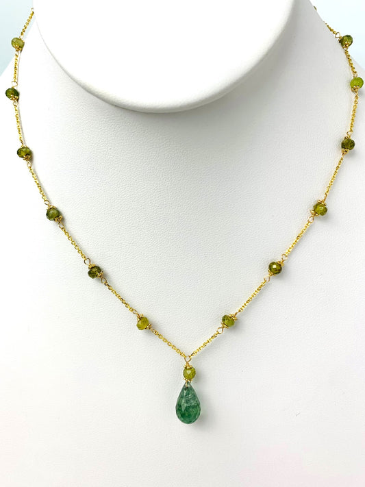 16"-17" Green Tourmaline Station Necklace With Center Drop in 14KY - NCK-475-DRPGM14Y-GT-17 -MD