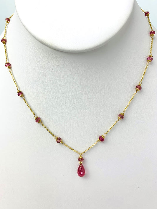 15"-17" Pink Tourmaline Station Necklace With Center Drop in 14KY - NCK-475-DRPGM14Y-PT-16 -SM