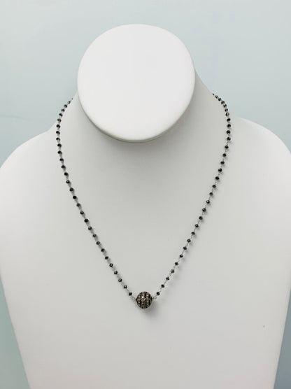 17" Antiqued Silver Pave Diamond Ball Center Black Diamond Rosary Necklace in 14KW & SS - NCK-476-DCOROSDIA14WSS-BK-17