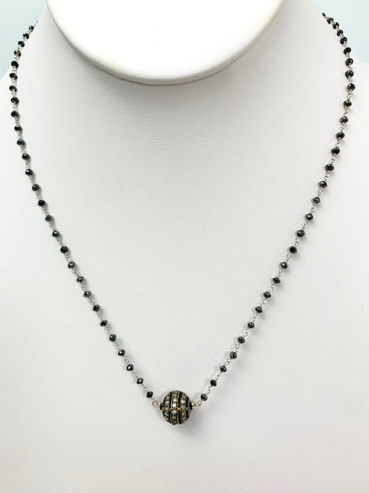 17" Antiqued Silver Pave Diamond Ball Center Black Diamond Rosary Necklace in 14KW & SS - NCK-476-DCOROSDIA14WSS-BK-17