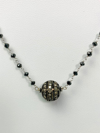 17" Antiqued Silver Pave Diamond Ball Center Black Diamond Rosary Necklace in 14KW & SS - NCK-476-DCOROSDIA14WSS-BK-17