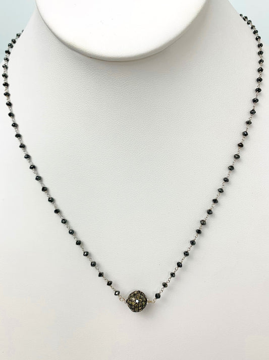 18" Antiqued Silver Pave Diamond Ball Center Black Diamond Rosary Necklace in 14KW & SS - NCK-477-DCOROSDIA14WSS-BK-18