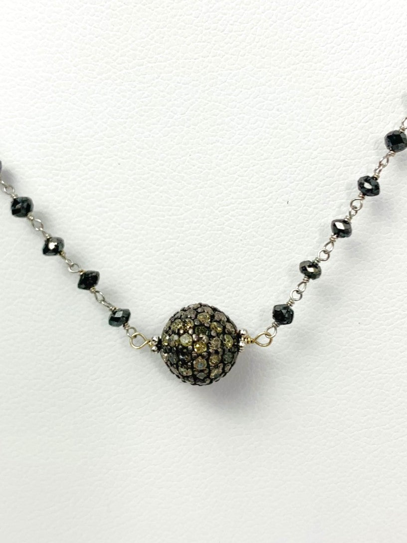 18" Antiqued Silver Pave Diamond Ball Center Black Diamond Rosary Necklace in 14KW & SS - NCK-477-DCOROSDIA14WSS-BK-18