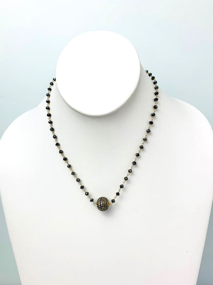 16" Antiqued Silver Pave Diamond Ball Center Black Diamond Rosary Necklace in 14KY & SS - NCK-479-DCOROSDIA14YSS-BK-16