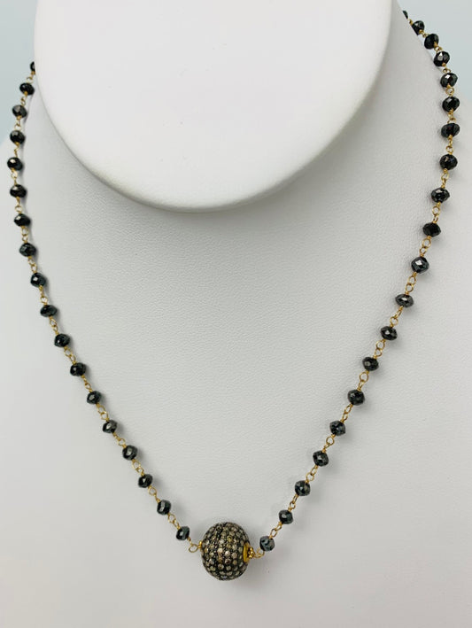 16" Antiqued Silver Pave Diamond Ball Center Black Diamond Rosary Necklace in 14KY & SS - NCK-479-DCOROSDIA14YSS-BK-16