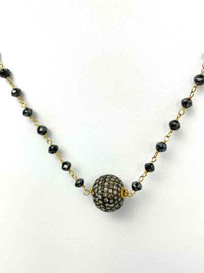 16" Antiqued Silver Pave Diamond Ball Center Black Diamond Rosary Necklace in 14KY & SS - NCK-479-DCOROSDIA14YSS-BK-16