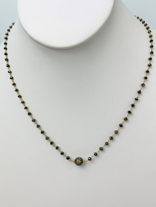 18" Antiqued Silver Pave Diamond Ball Center Black Diamond Rosary Necklace in 14KY & SS - NCK-480-DCOROSDIA14YSS-BK-18
