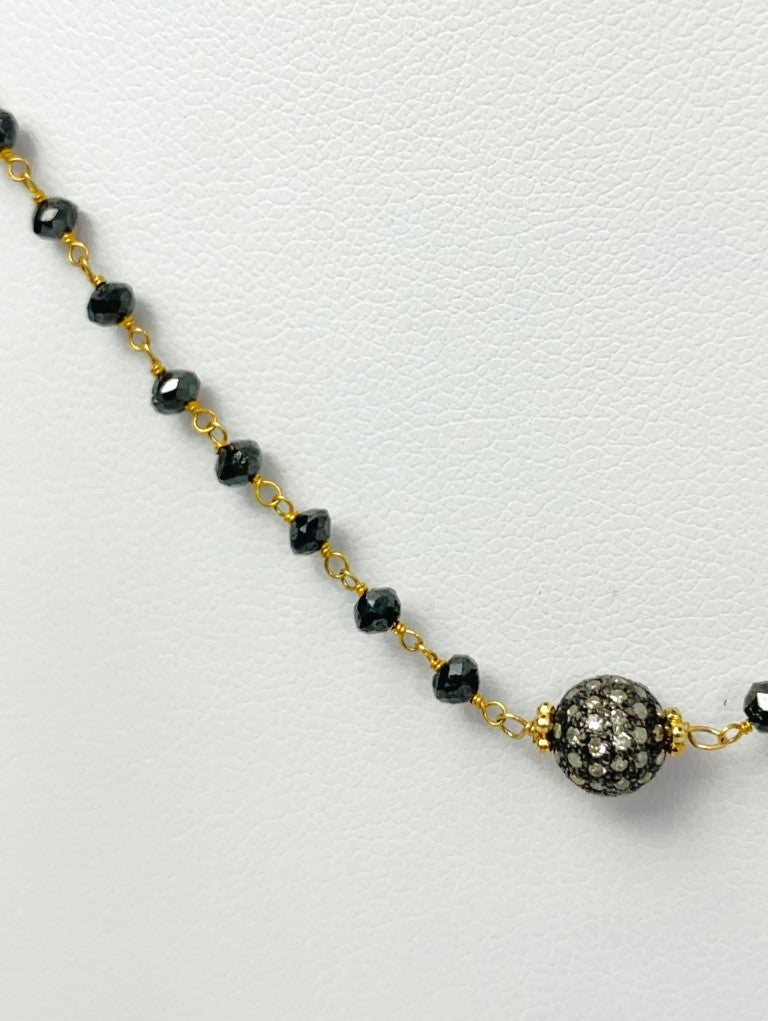 18" Antiqued Silver Pave Diamond Ball Center Black Diamond Rosary Necklace in 14KY & SS - NCK-480-DCOROSDIA14YSS-BK-18