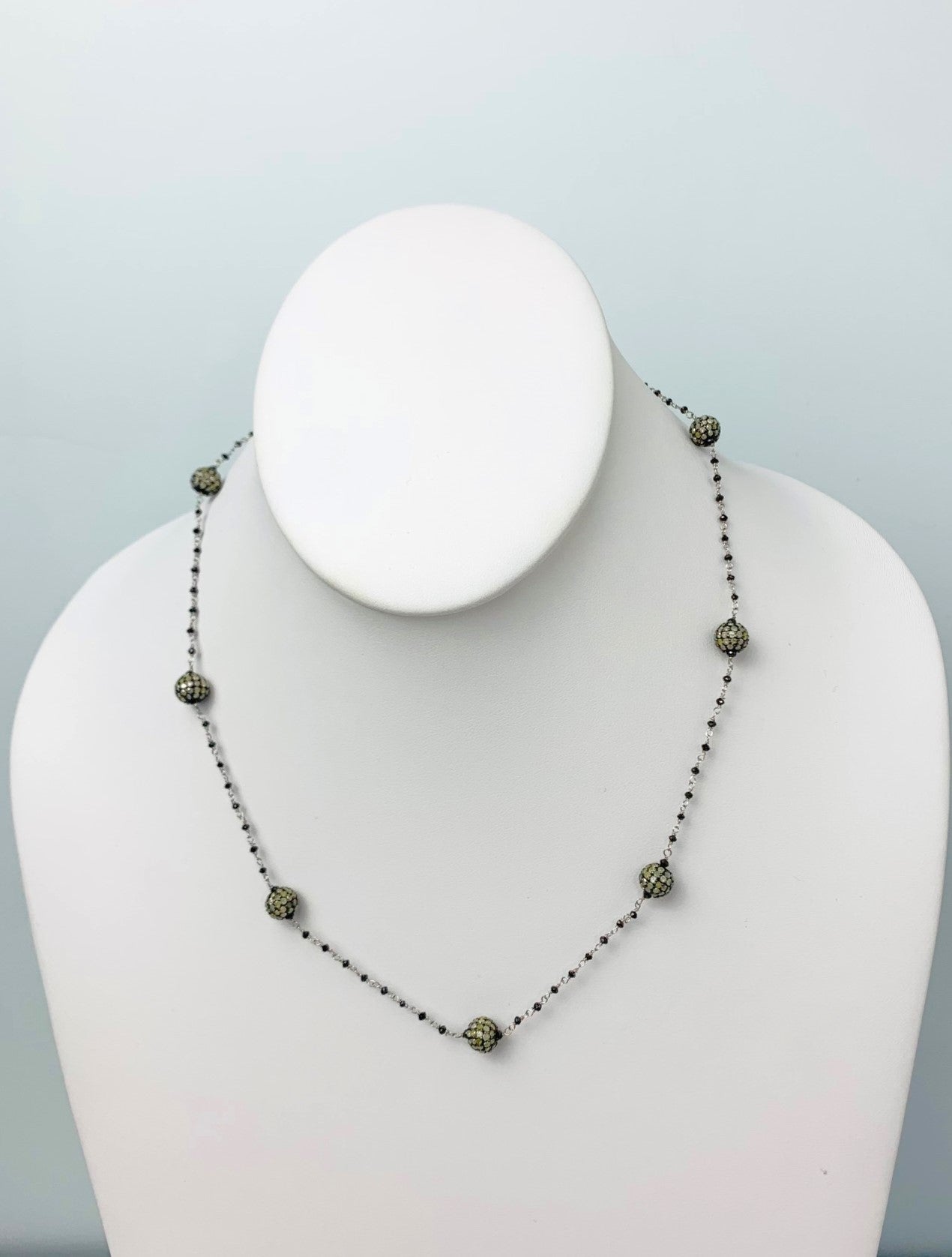18" Antiqued Silver Pave Diamond Ball Station Black Diamond Rosary Necklace in 14KW & SS - NCK-481-DCOROSDIA14WSS-BK-18