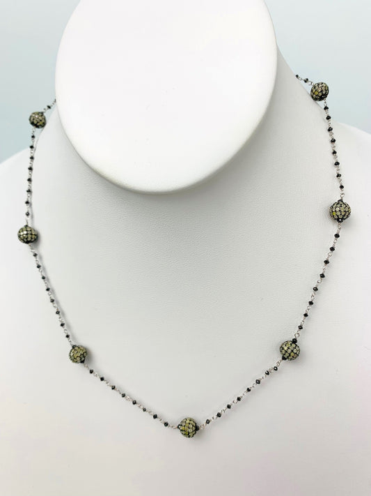 18" Antiqued Silver Pave Diamond Ball Station Black Diamond Rosary Necklace in 14KW & SS - NCK-481-DCOROSDIA14WSS-BK-18