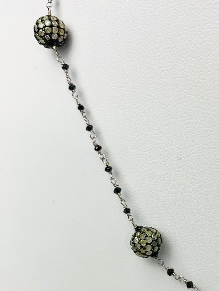 18" Antiqued Silver Pave Diamond Ball Station Black Diamond Rosary Necklace in 14KW & SS - NCK-481-DCOROSDIA14WSS-BK-18