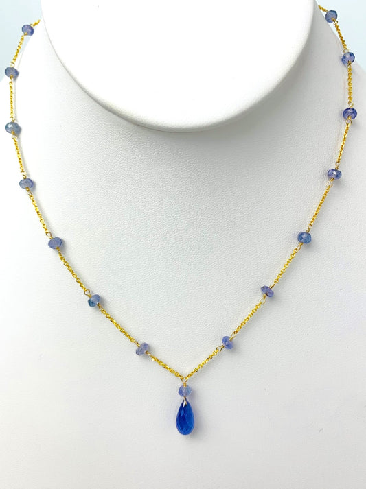 15"-16" Tanzanite Station Necklace With Center Drop in 14KY - NCK-482-DRPGM14Y-TANZ-16