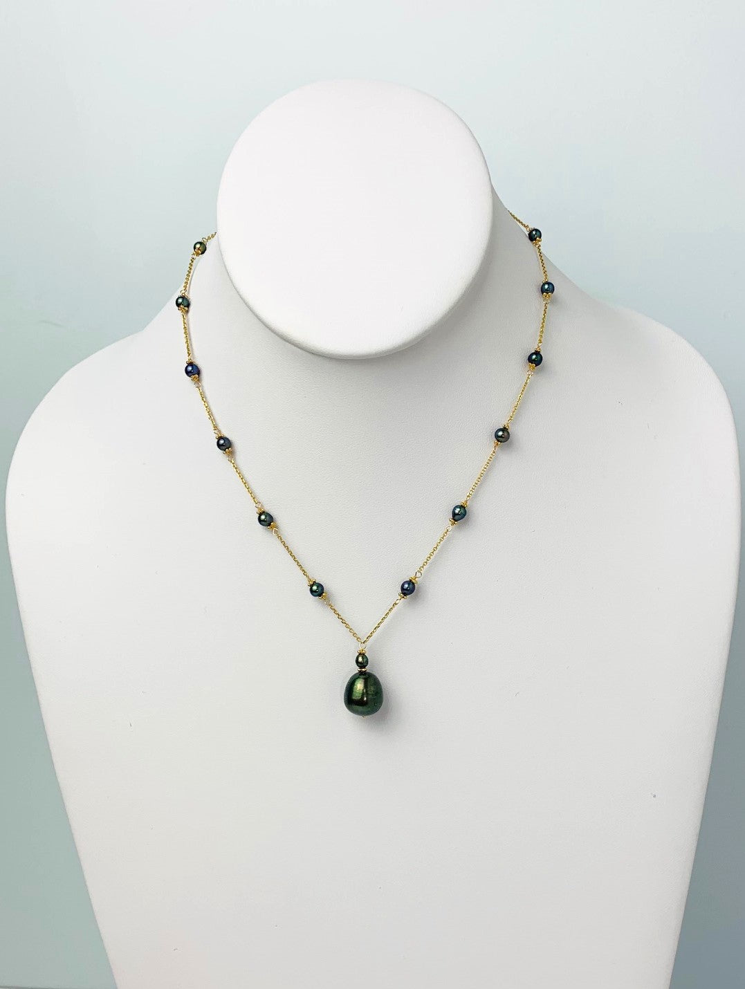 16"-17" Grey Peacock Pearl Station Necklace With Center Drop in 14KY - NCK-487-DRPPRL14Y-GRY-17